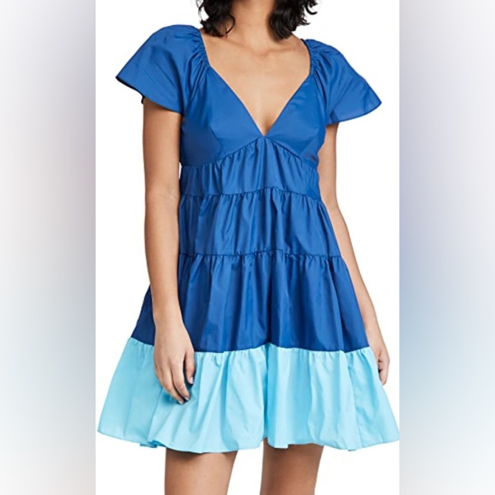 STAUD Blue Corsica Tiered Taffeta Mini Dress